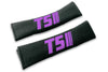 T5 Stripes single colour logo embroidered on padded seat belt covers shown in black with purple embroidery.