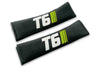 T6 Stripes logo embroidered on padded seat belt covers shown in black with white and lime green embroidery.