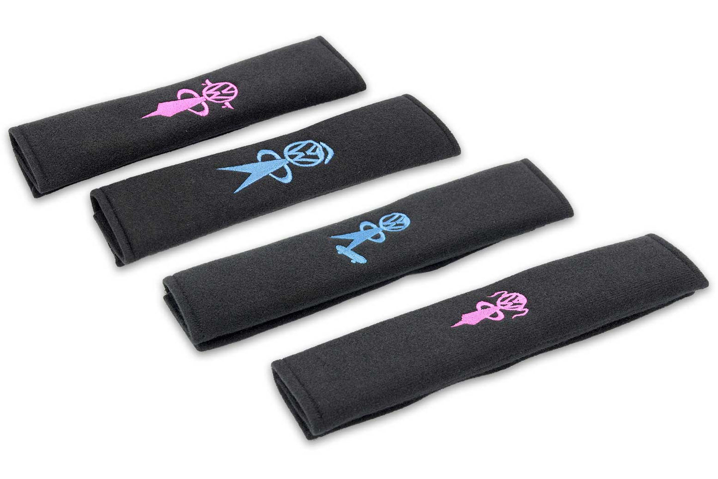 VW Bobblehead logo padded seat belt covers with adult and child bobble head logos shown ob black with pink and blue embroidery