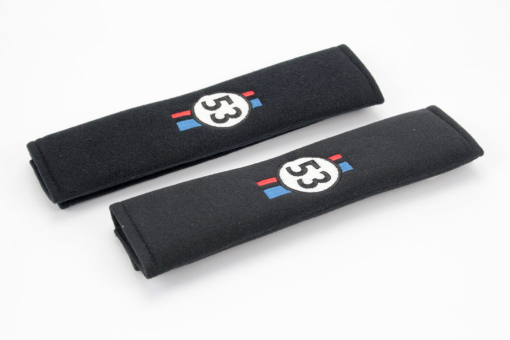 Herbie 53 logo embroidered on padded seat belt covers.