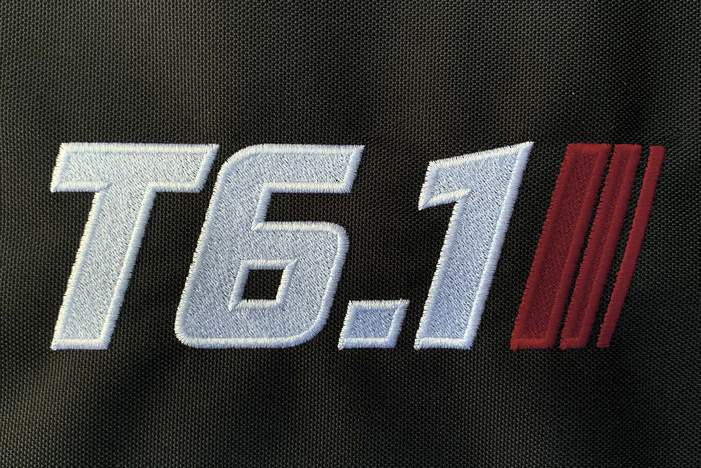 T6 point 1 embroidered logo with white text burgundy stripe detail
