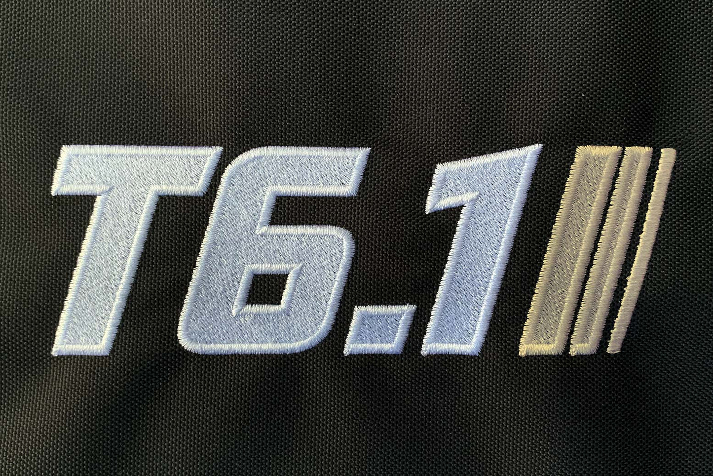 T6 point 1 embroidered logo with white text cream stripe detail