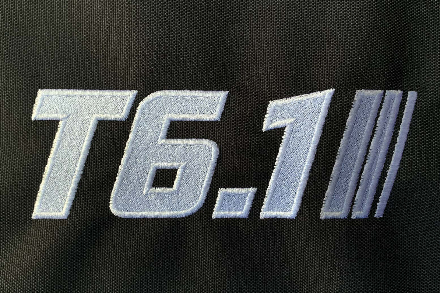 T6 point 1 embroidered logo with white text grey stripe detail