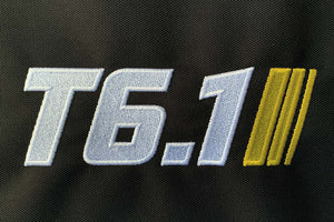 T6 point 1 embroidered logo with white text yellow stripe detail