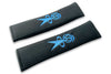 VW Bobblehead logo embroidered seat belt covers shown in black with blue man embroidery