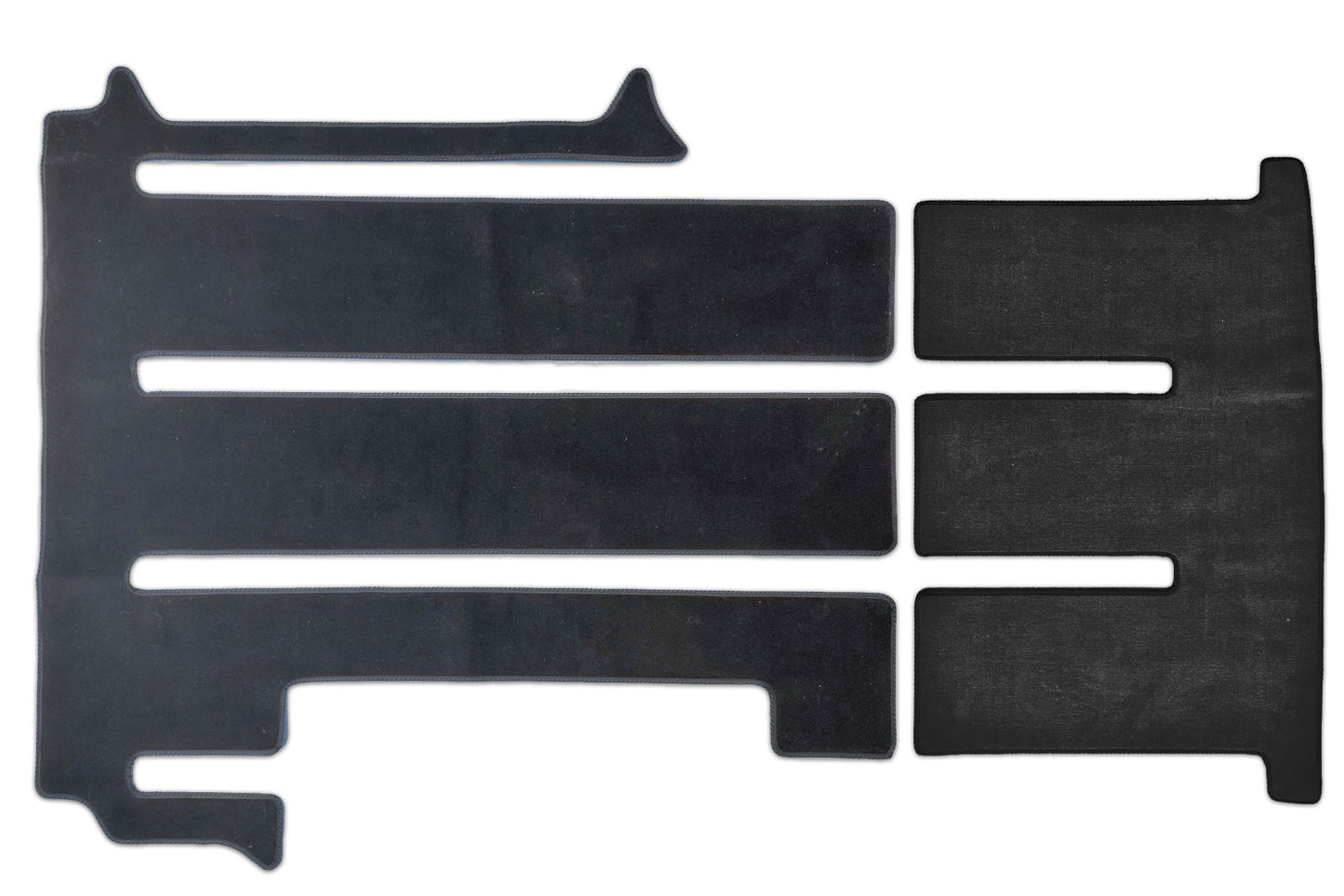 VW California Beach camper area mat set  for 4 rails and cabinet units shown in black automotive carpet.