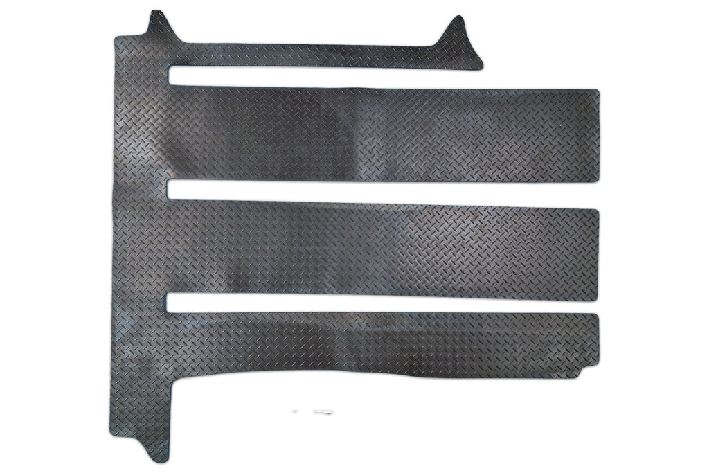 VW California Ocean camper passenger area mat for 3 rails shown in heavy duty tread plate rubber..