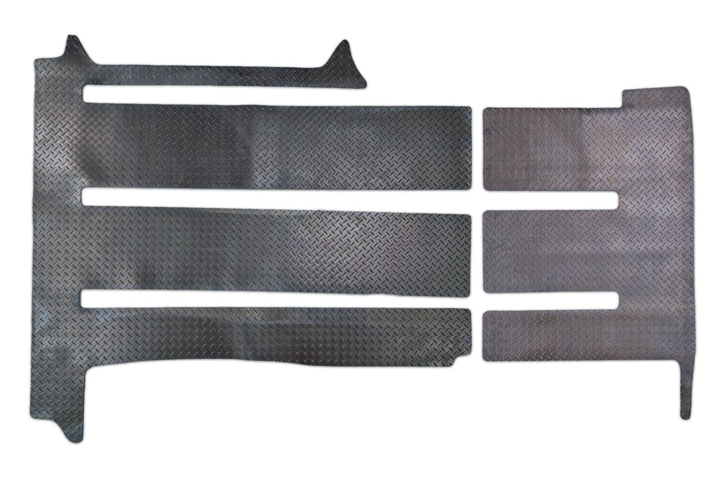 VW California Ocean camper rear area mat set for 3 rails shown in heavy duty tread plate rubber.