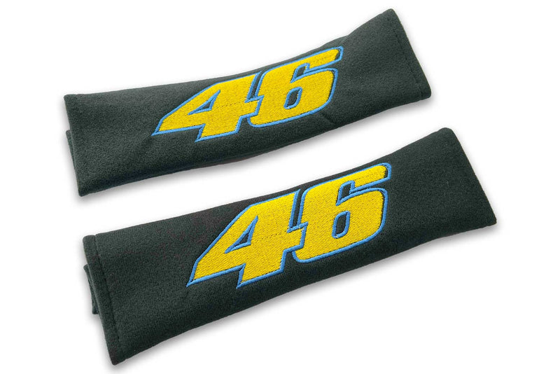 Rossi 46 logo embroidered seat belt covers shown in black with yellow and blue embroidery
