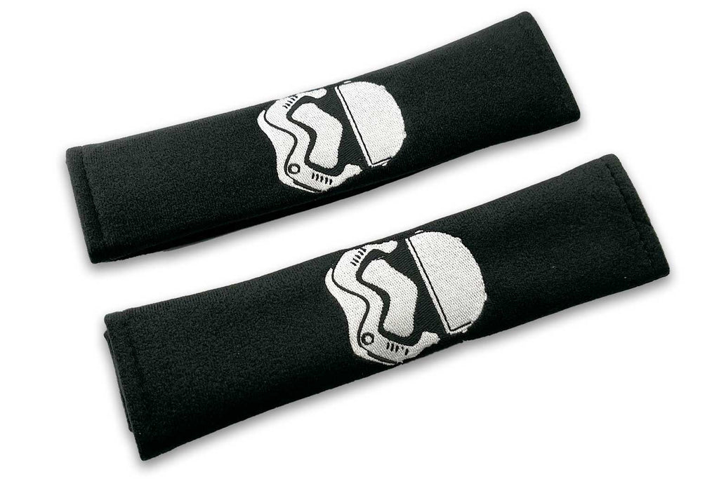 Star Trooper logo embroidered seat belt covers shown in black with white embroidery