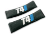 T4 Stripes logo embroidered on padded seat belt covers shown in black with white and blue embroidery.
