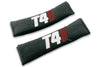 T4 Stripes logo embroidered on padded seat belt covers shown in black with white and burgundy embroidery.