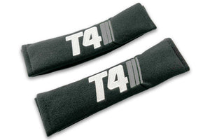 T4 Stripes logo embroidered on padded seat belt covers shown in black with white and grey embroidery.