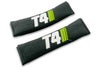 T4 Stripes logo embroidered on padded seat belt covers shown in black with white and lime green embroidery.