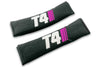 T4 Stripes logo embroidered on padded seat belt covers shown in black with white and pink embroidery.