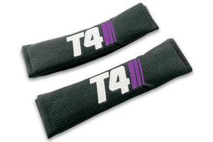 T4 Stripes logo embroidered on padded seat belt covers shown in black with white and purple embroidery.