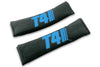 T4 Stripes single colour logo embroidered on padded seat belt covers shown in black with blue embroidery.