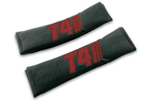 T4 Stripes single colour logo embroidered on padded seat belt covers shown in black with burgundy embroidery.