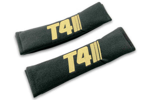 T4 Stripes single colour logo embroidered on padded seat belt covers shown in black with cream embroidery.
