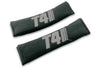 T4 Stripes single colour logo embroidered on padded seat belt covers shown in black with grey embroidery.