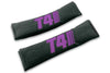 T4 Stripes single colour logo embroidered on padded seat belt covers shown in black with purple embroidery.