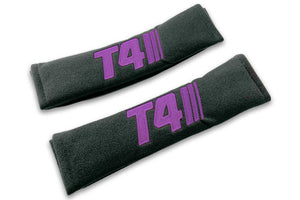 T4 Stripes single colour logo embroidered on padded seat belt covers shown in black with purple embroidery.