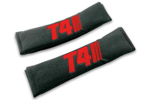 T4 Stripes single colour logo embroidered on padded seat belt covers shown in black with red embroidery.