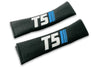 T5 Stripes logo embroidered on padded seat belt covers shown in black with white and blue embroidery.