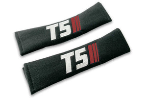 T5 Stripes logo embroidered on padded seat belt covers shown in black with white and burgundy embroidery.
