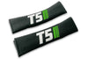 T5 Stripes logo embroidered on padded seat belt covers shown in black with white and green embroidery.