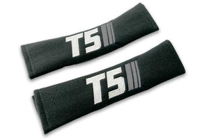 T5 Stripes logo embroidered on padded seat belt covers shown in black with white and grey embroidery.