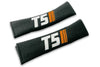 T5 Stripes logo embroidered on padded seat belt covers shown in black with white and orange embroidery.