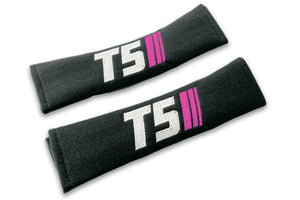 T5 Stripes logo embroidered on padded seat belt covers shown in black with white and pink embroidery.