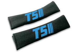 T5 Stripes single colour logo embroidered on padded seat belt covers shown in black with blue embroidery.
