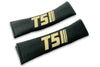T5 Stripes single colour logo embroidered on padded seat belt covers shown in black with cream embroidery.