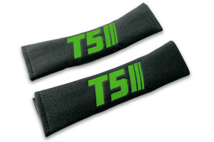 T5 Stripes single colour logo embroidered on padded seat belt covers shown in black with green embroidery.