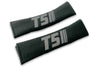 T5 Stripes single colour logo embroidered on padded seat belt covers shown in black with grey embroidery.