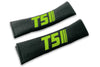 T5 Stripes single colour logo embroidered on padded seat belt covers shown in black with lime green embroidery.