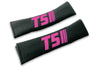 T5 Stripes single colour logo embroidered on padded seat belt covers shown in black with pink embroidery.
