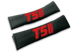 T5 Stripes single colour logo embroidered on padded seat belt covers shown in black with red embroidery.