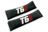 T6 Stripes logo embroidered on padded seat belt covers shown in black with white and burgundy embroidery.