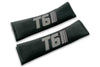 T6 Stripes single colour logo embroidered on padded seat belt covers shown in black with grey embroidery.