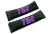 T6 Stripes single colour logo embroidered on padded seat belt covers shown in black with purple embroidery.