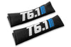 T6.1 Stripes logo embroidered on padded seat belt covers shown in black with white and blue embroidery.