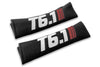 T6.1 Stripes logo embroidered on padded seat belt covers shown in black with white and burgundy embroidery.