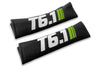 T6.1 Stripes logo embroidered on padded seat belt covers shown in black with white and lime green embroidery.