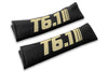 T6.1 Stripes single colour logo embroidered on padded seat belt covers shown in black with cream embroidery.