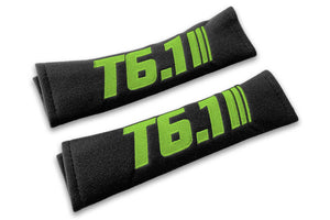 T6.1 Stripes single colour logo embroidered on padded seat belt covers shown in black with lime green embroidery.