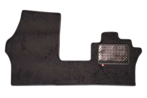 VW ID Buzz cab mat for 1 plus 1 seat arrangement and has the optional Buzz Box fitted. Shown in black automotive carpet