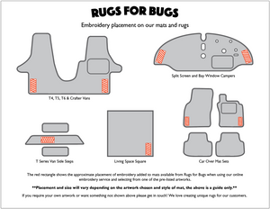 Infographic showing the available placement of embroidered artwork on Rugs for Bugs mats